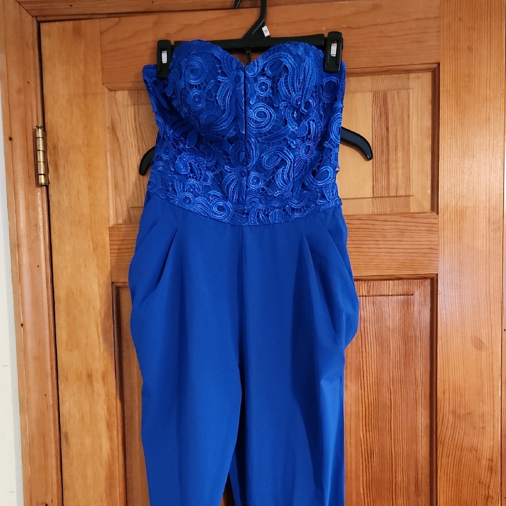 bebe Strapless Lace Bodice Jumpsuit in Royal Blue